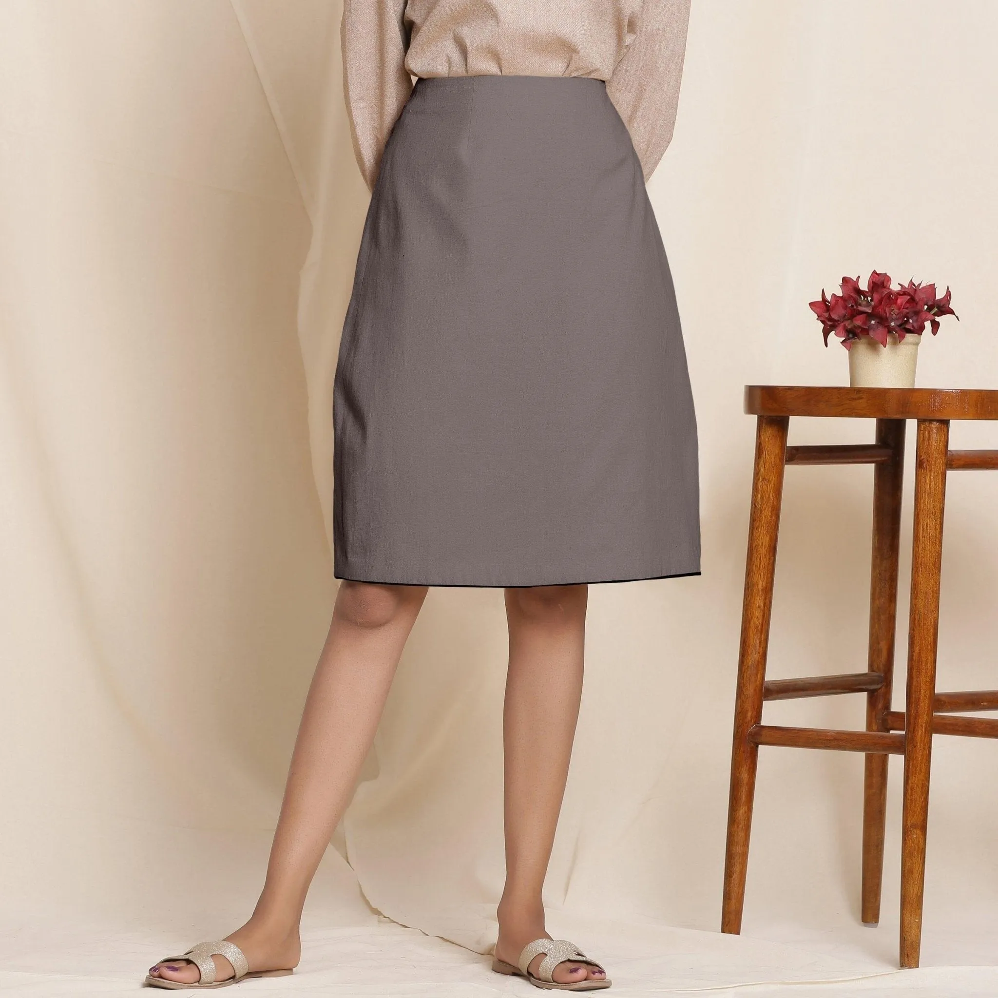 Ash Grey Warm Cotton Flannel Knee-Length Pencil Skirt