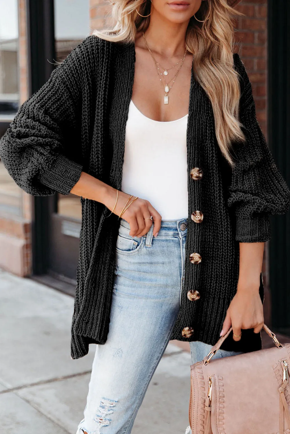 Black Buttoned Front Drop Shoulder Knitted Cardigan