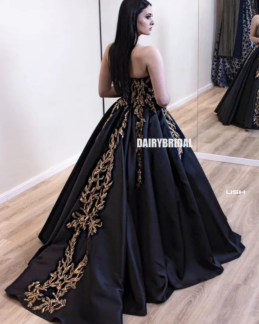 Black Satin A-line Backless Applique Charming Prom Dresses, FC4200