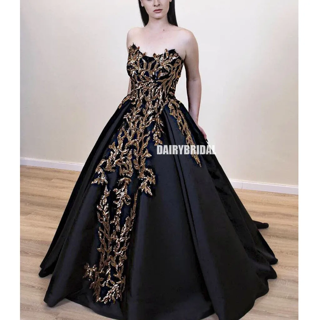 Black Satin A-line Backless Applique Charming Prom Dresses, FC4200