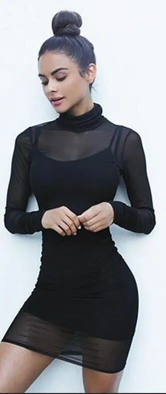 Black Transparency Lined Long Sleeve Bodycon Short Two Pieces Dress