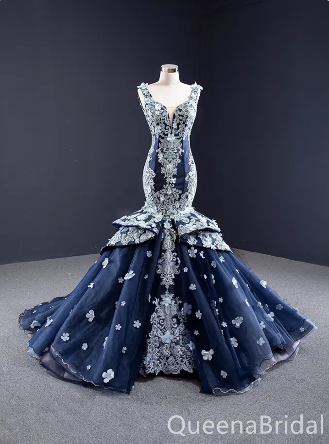 Blue Sweetheart Embroidery Sleeveless Lace up Back Mermaid Ball Gown Party Dress Long Prom Dresses to Impress ,WGP1490