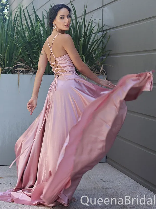 Blush A-line V-neck Spaghetti Straps Lace Up Back Evening Gown Maxi Long Evening Party Prom Dresses ,WGP1016