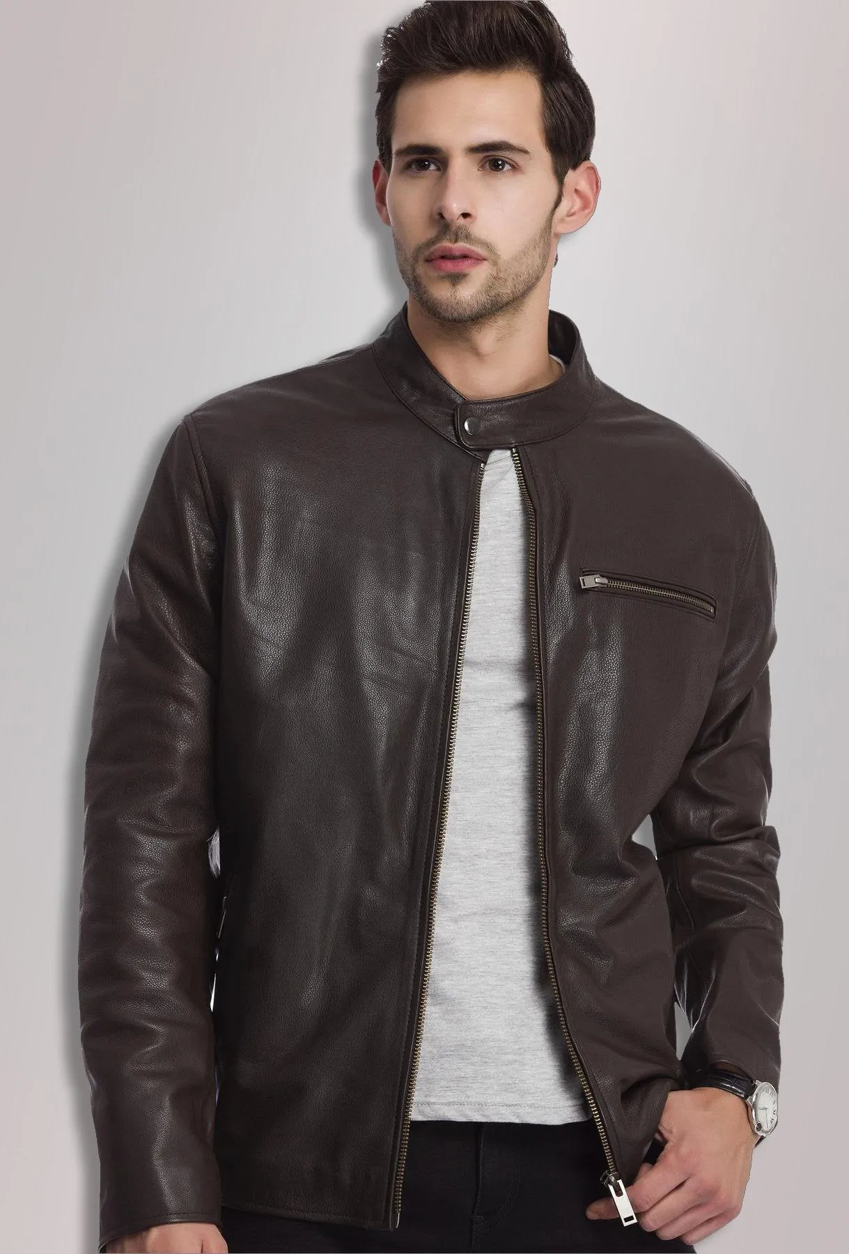 Bomber round collar Stylish Leather Jacket by TJS