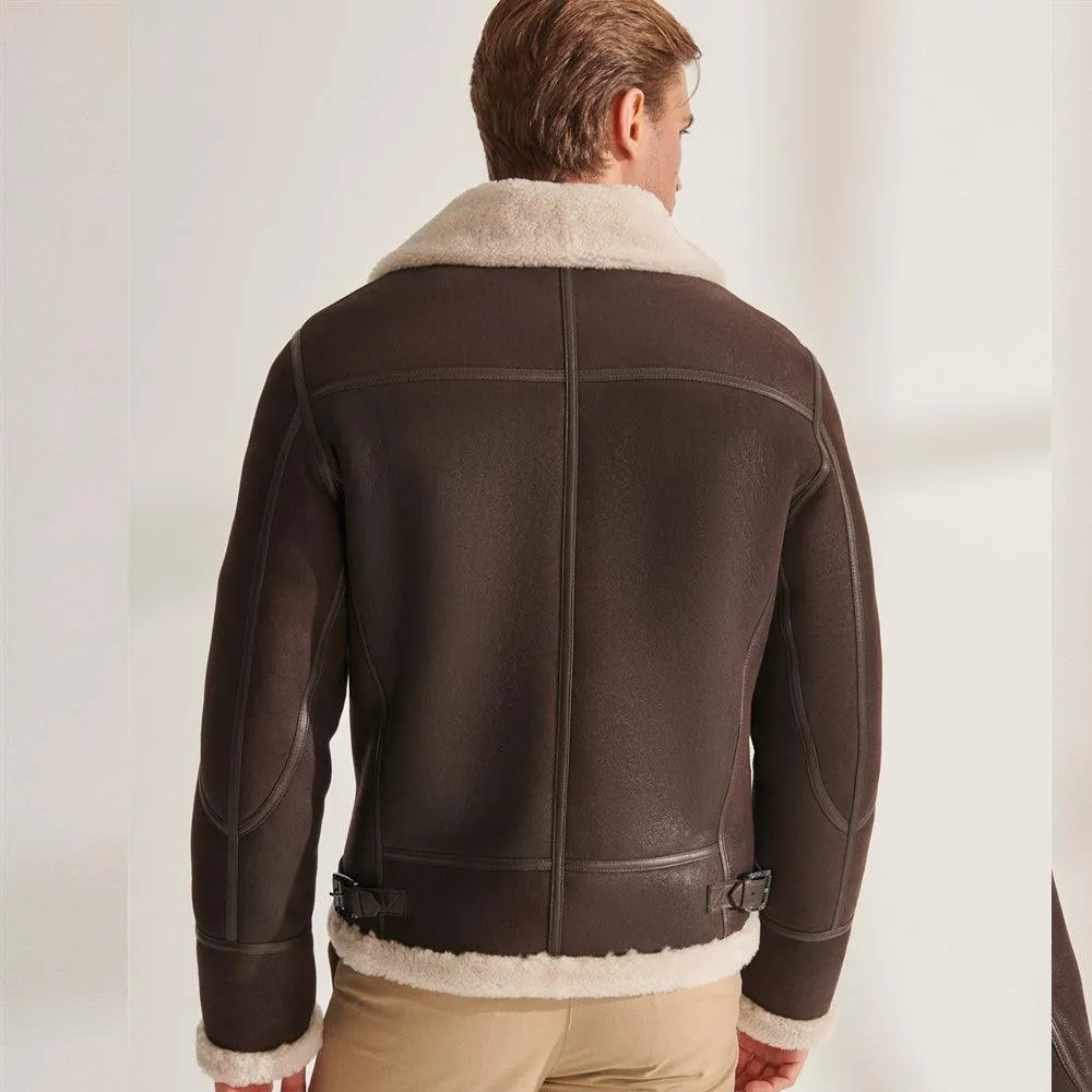 Brown Pilot Shearling Aviator Leather Jacket for Men