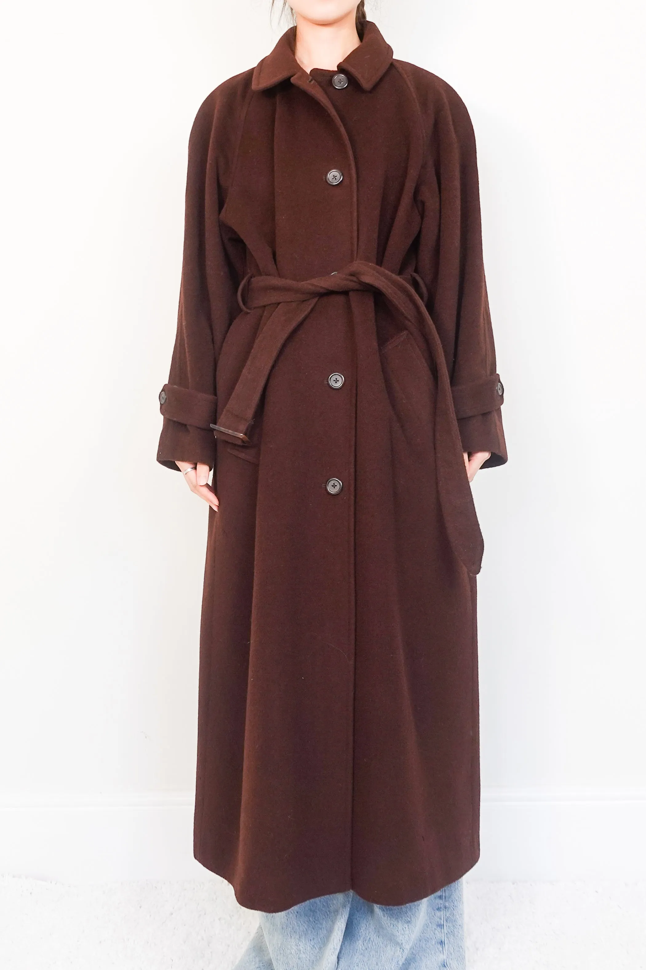 Camel hair longline belted coat