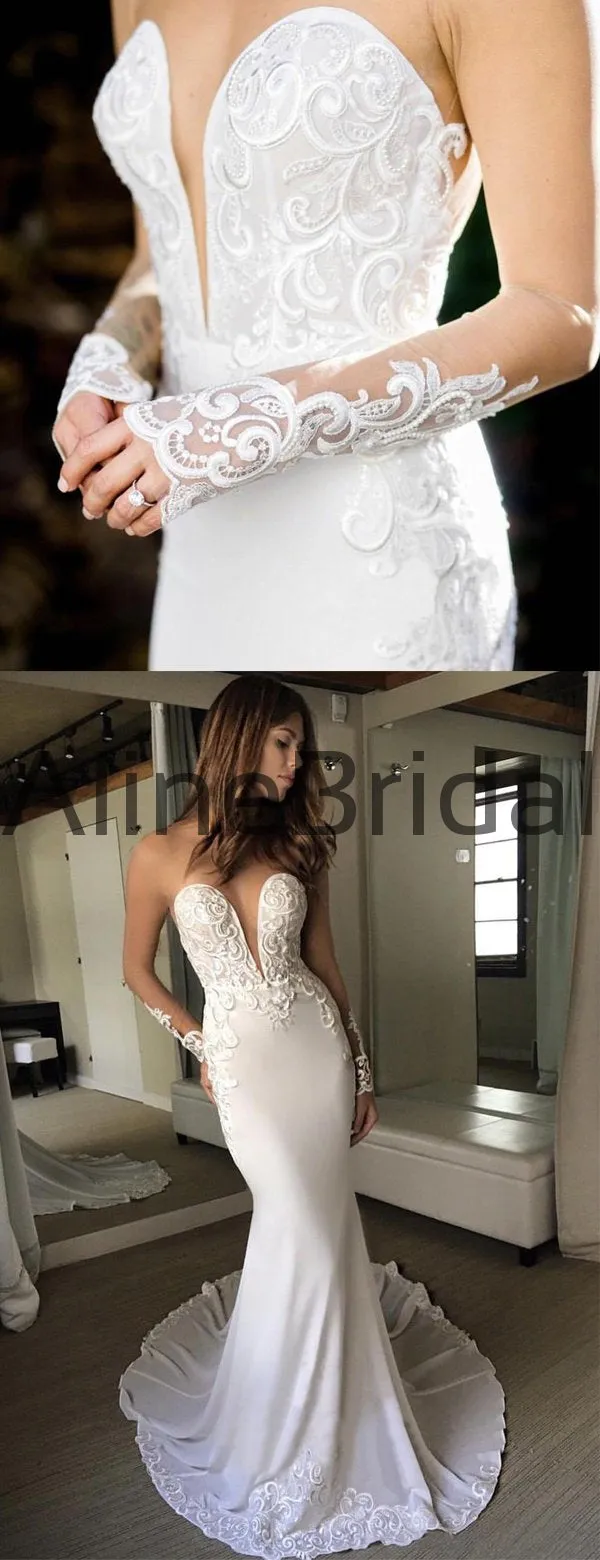 Charming Illusion Long Sleeve Lace Applique Mermaid Wedding Dresses, AB1515