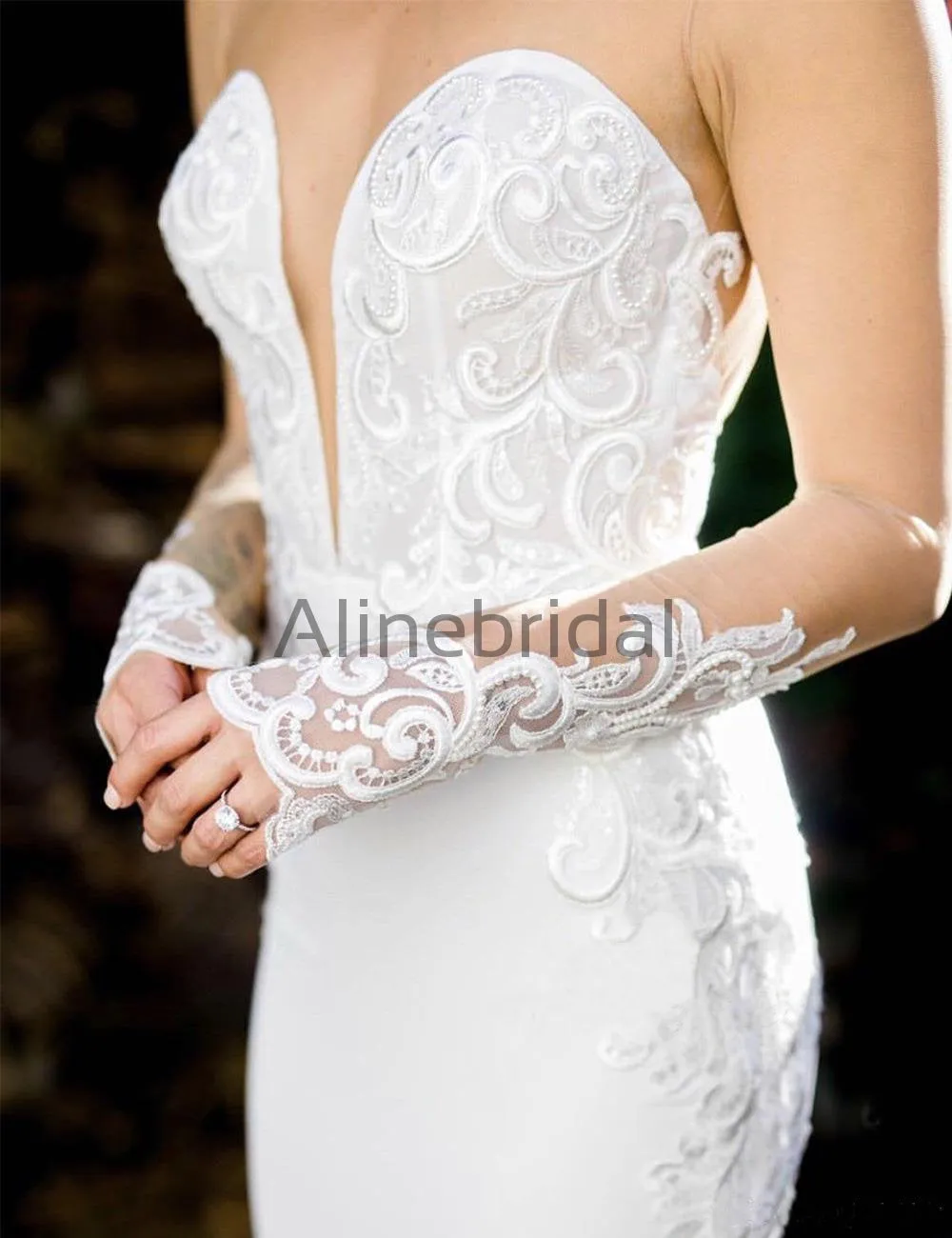 Charming Illusion Long Sleeve Lace Applique Mermaid Wedding Dresses, AB1515