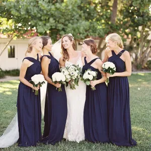 Charming Inexpensive Navy Blue Chiffon Sleeveless Backless Long Bridesmaid Dresses, WG130