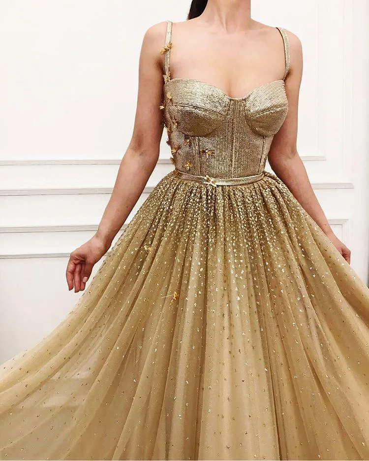 Charming Long Gold  Spaghetti Straps Gorgeous Sparkly Modest Prom Dresses, Evening dresses, PD0903