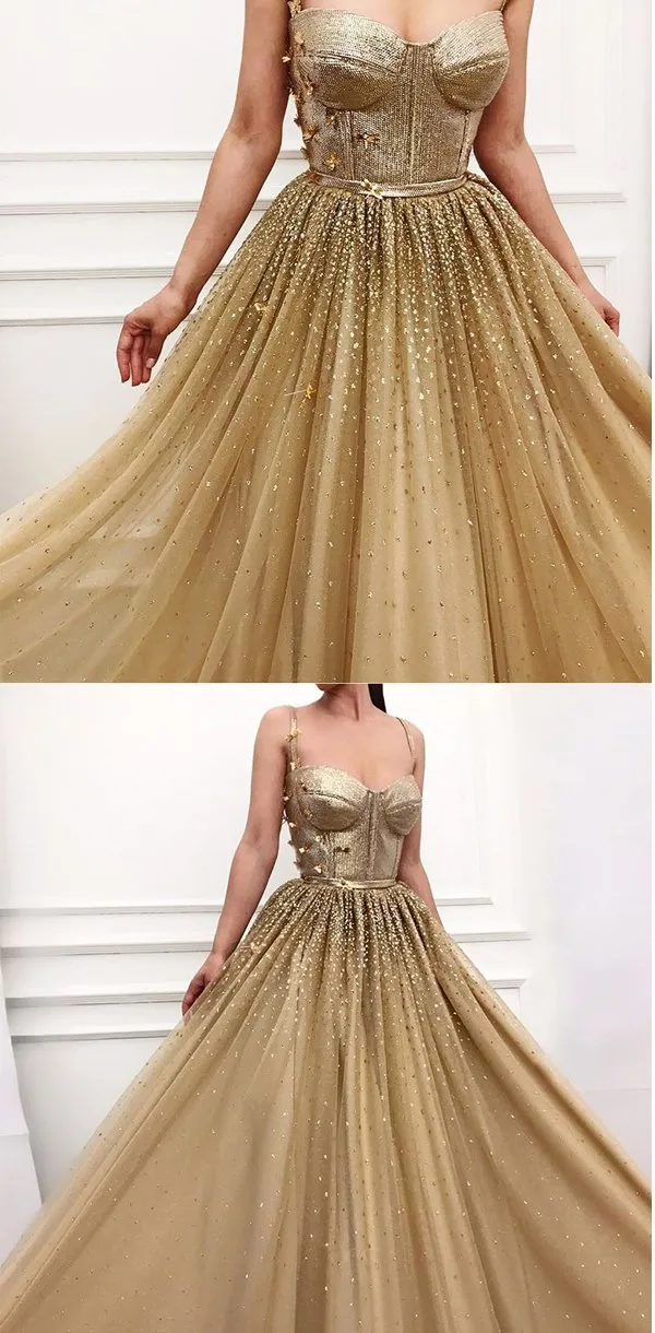 Charming Long Gold  Spaghetti Straps Gorgeous Sparkly Modest Prom Dresses, Evening dresses, PD0903