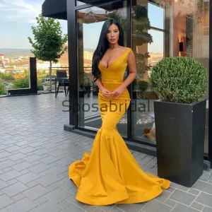 Charming Mermaid Yellow V-Neck Simple Modest Prom Dresses PD2172