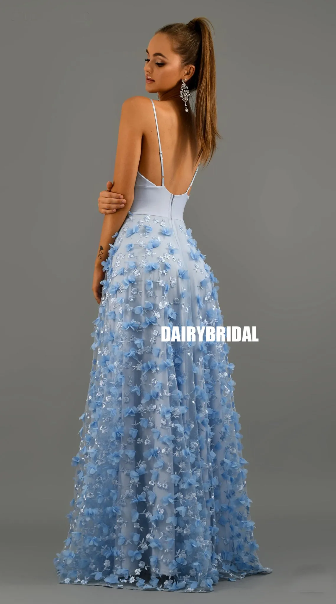 Charming Spaghetti Straps Jersey A-Line Backless Lace Prom Dresses, FC2354