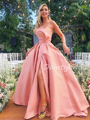 Charming Straight Satin A-line Side Slit Long Evening Dresses Prom Dresses.DB10520