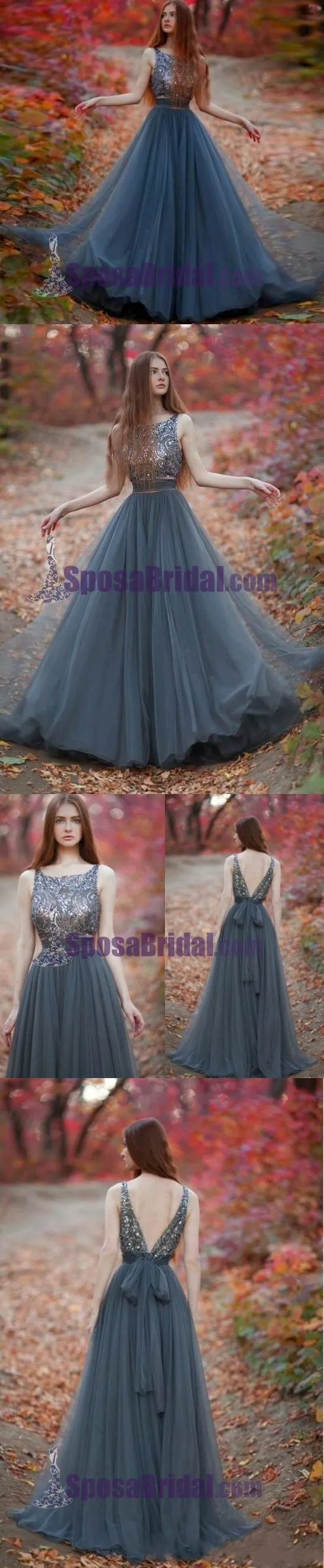 Charming  V-Back Tulle Gray Popular Pretty Evening Long Prom Dresses Online,PD0140