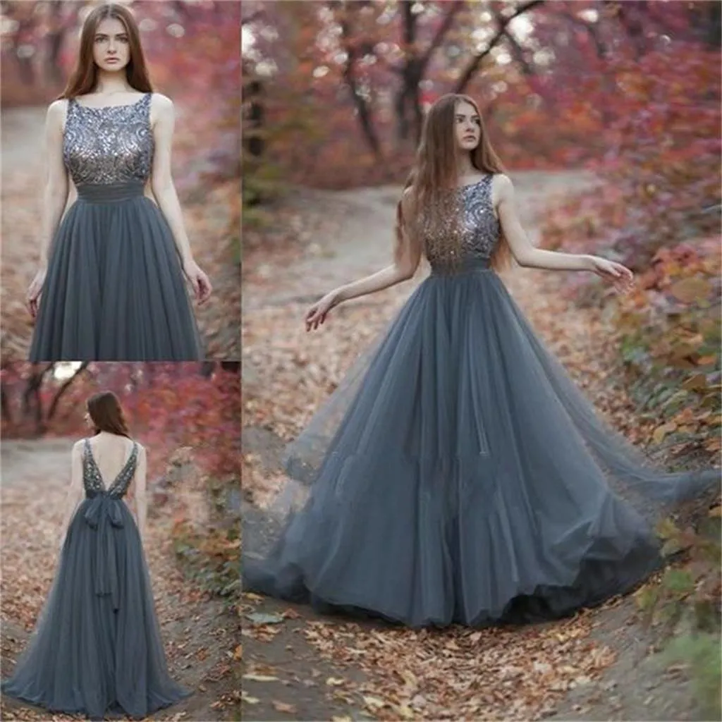 Charming  V-Back Tulle Gray Popular Pretty Evening Long Prom Dresses Online,PD0140