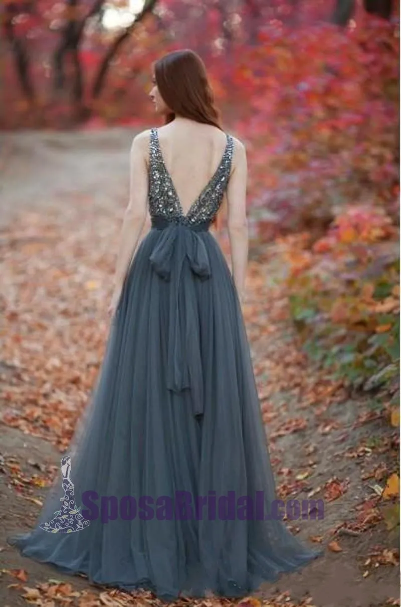 Charming  V-Back Tulle Gray Popular Pretty Evening Long Prom Dresses Online,PD0140