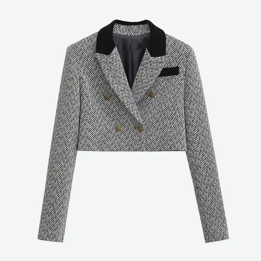 Chic Houndstooth Cropped Double-Breasted Jackets