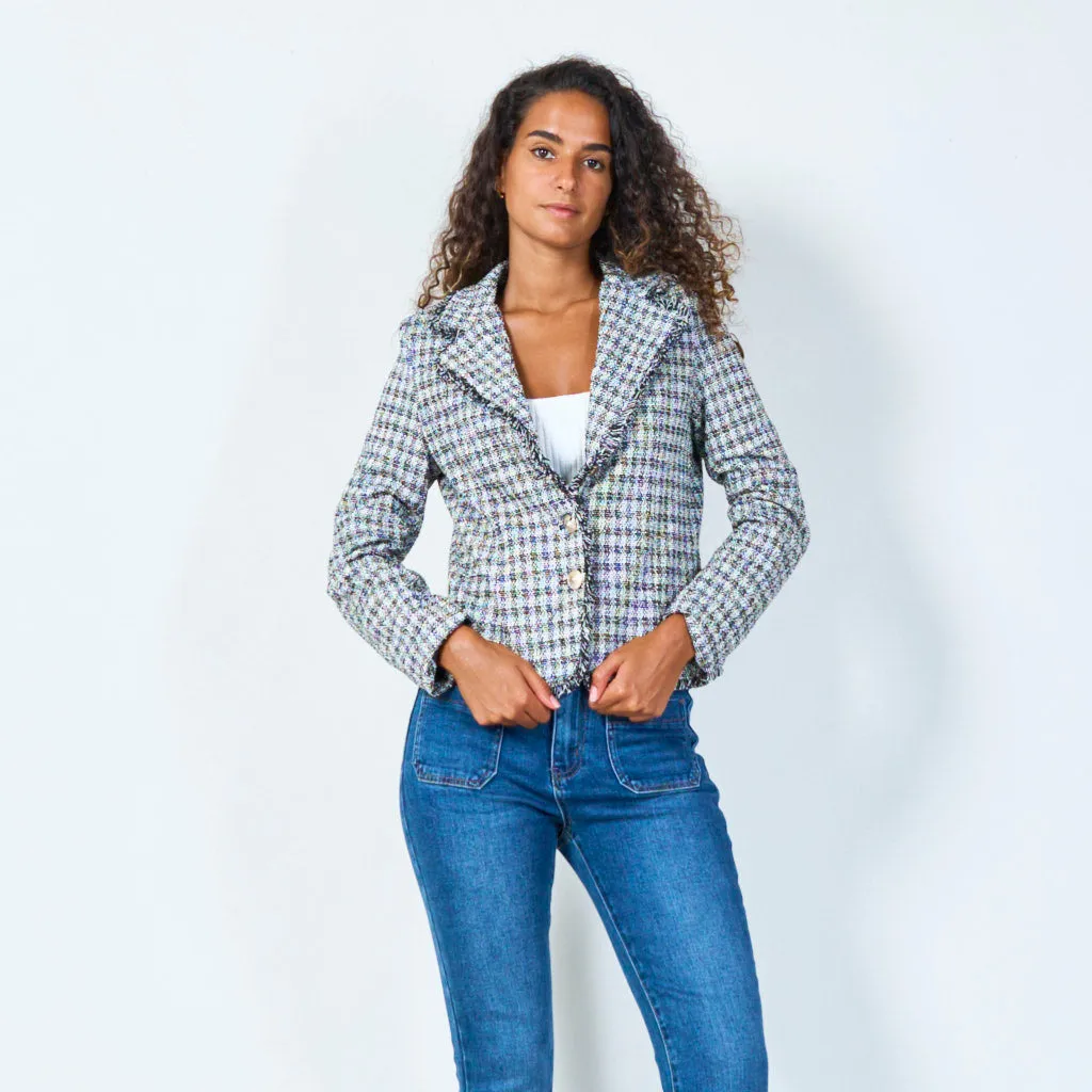 Classic buttoned blazer with frayed edges wholesale