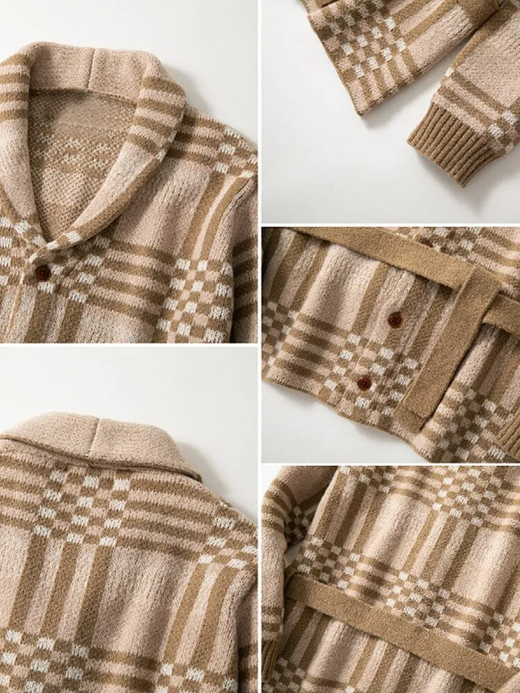 Comfy Plaid Belted Knit Cardigan