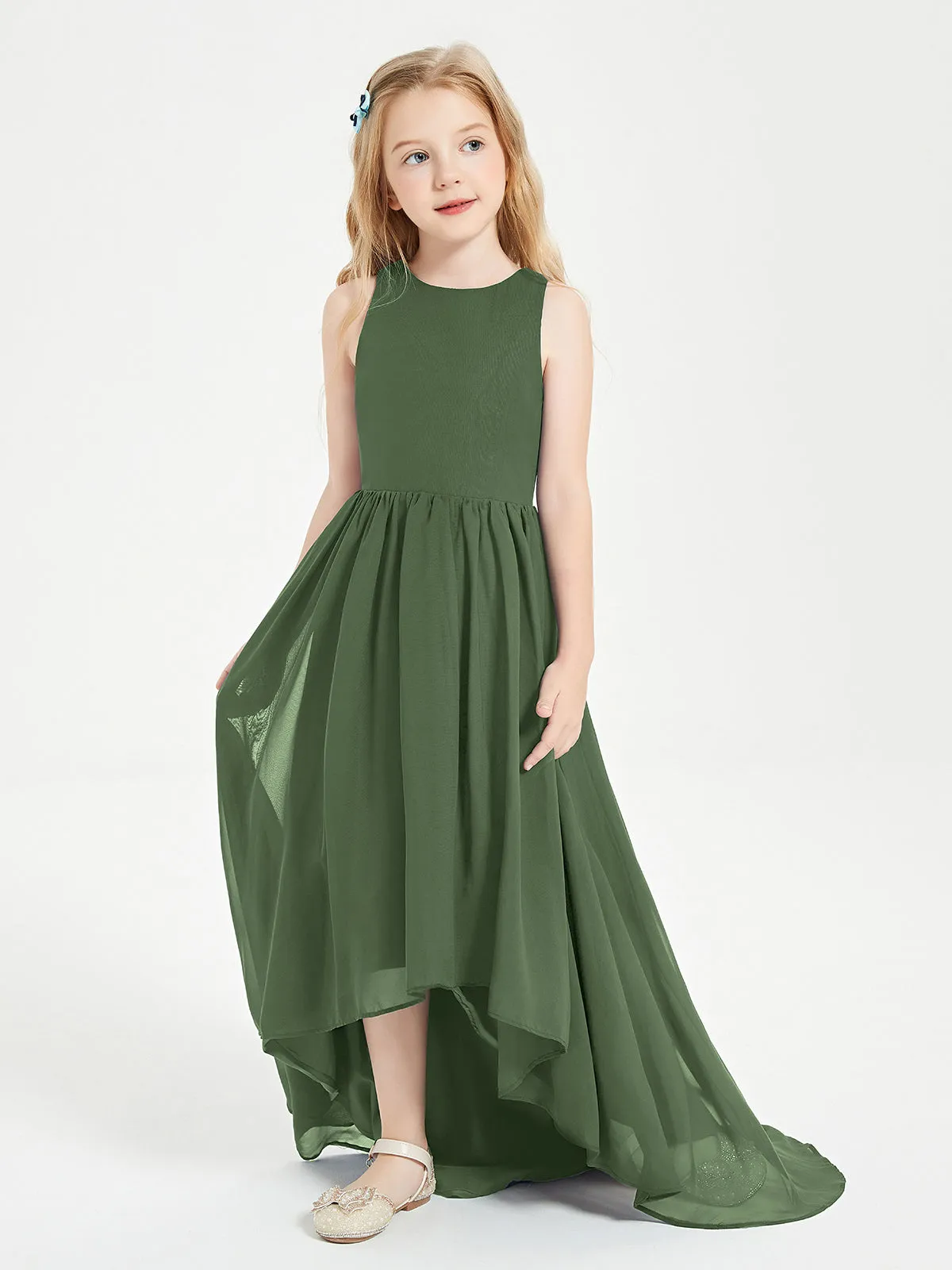 Exquisite Asymmetrical Junior Bridesmaid Dresses Scoop Neck Olive Green