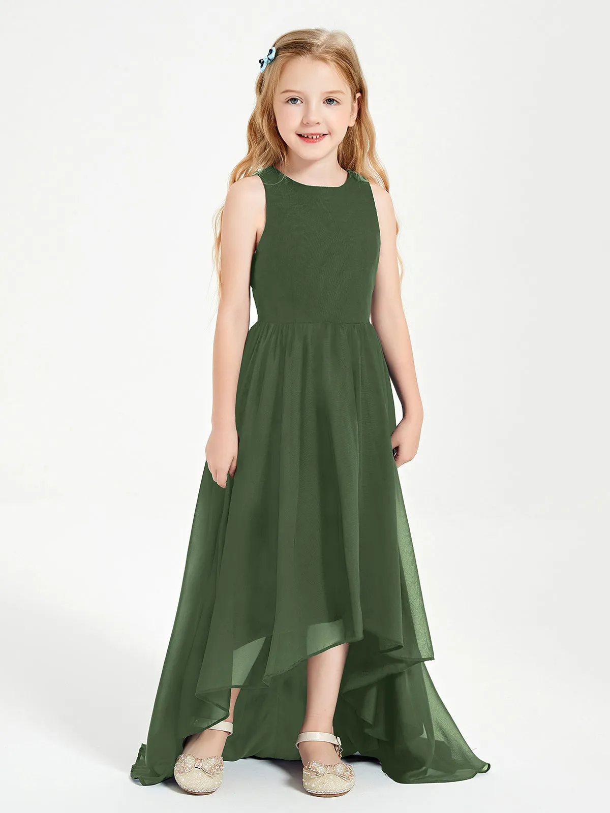 Exquisite Asymmetrical Junior Bridesmaid Dresses Scoop Neck Olive Green