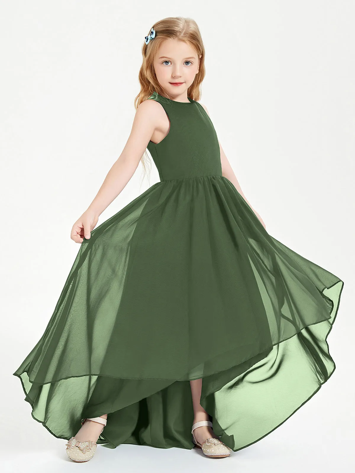 Exquisite Asymmetrical Junior Bridesmaid Dresses Scoop Neck Olive Green