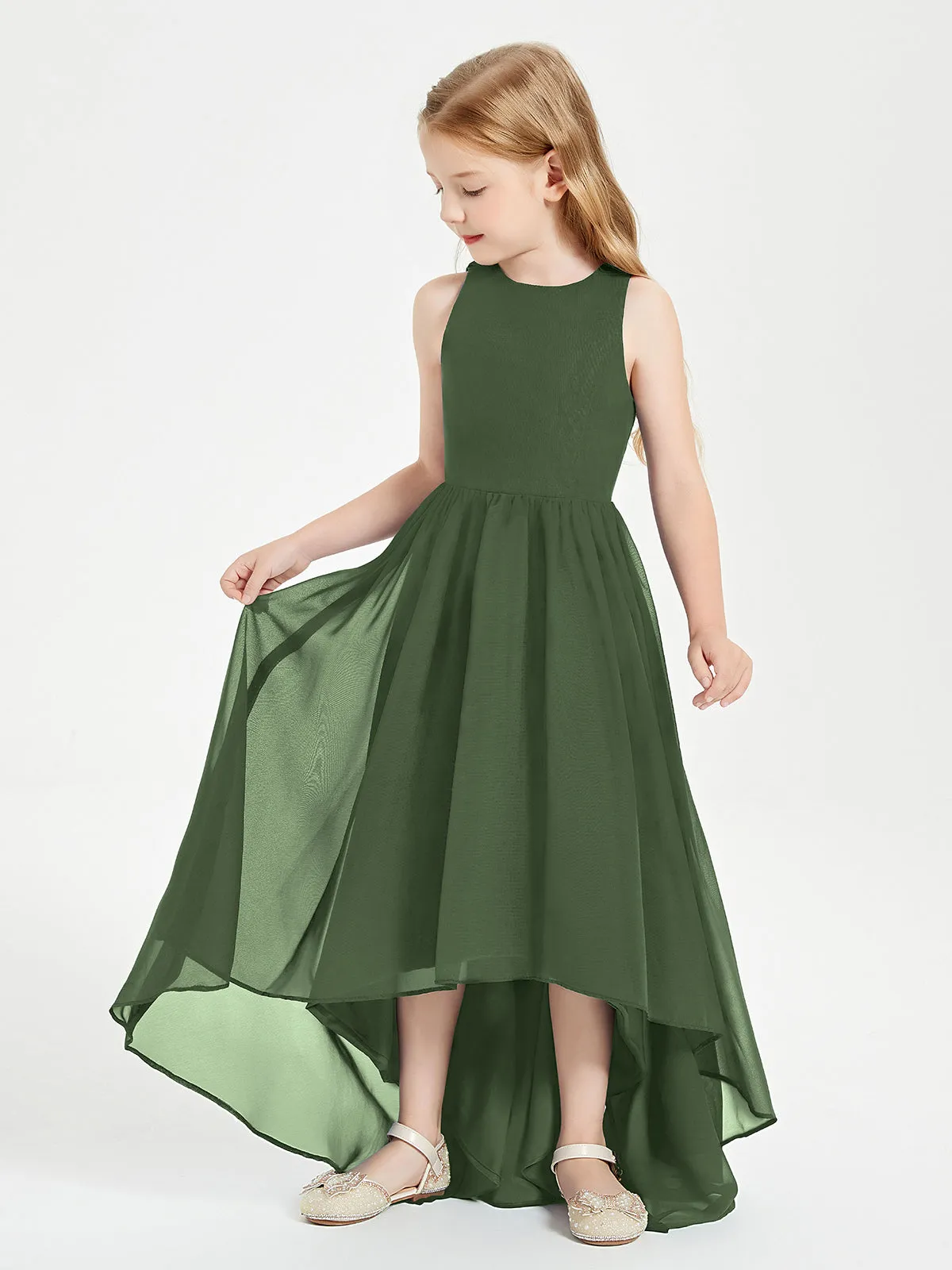 Exquisite Asymmetrical Junior Bridesmaid Dresses Scoop Neck Olive Green