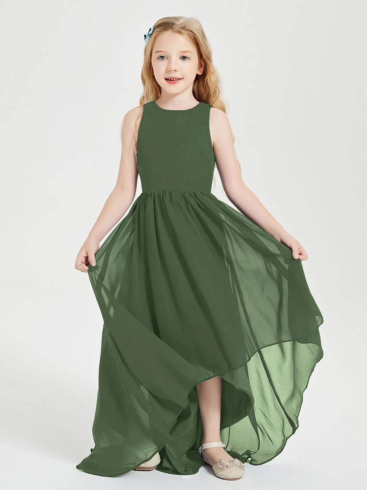 Exquisite Asymmetrical Junior Bridesmaid Dresses Scoop Neck Olive Green