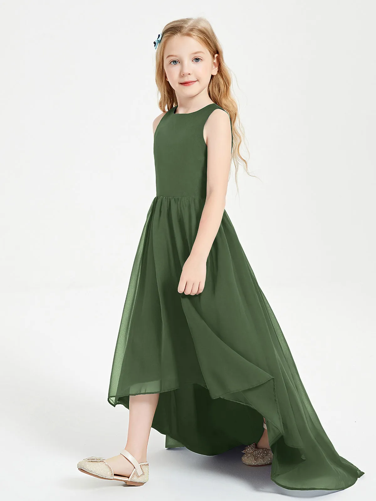 Exquisite Asymmetrical Junior Bridesmaid Dresses Scoop Neck Olive Green