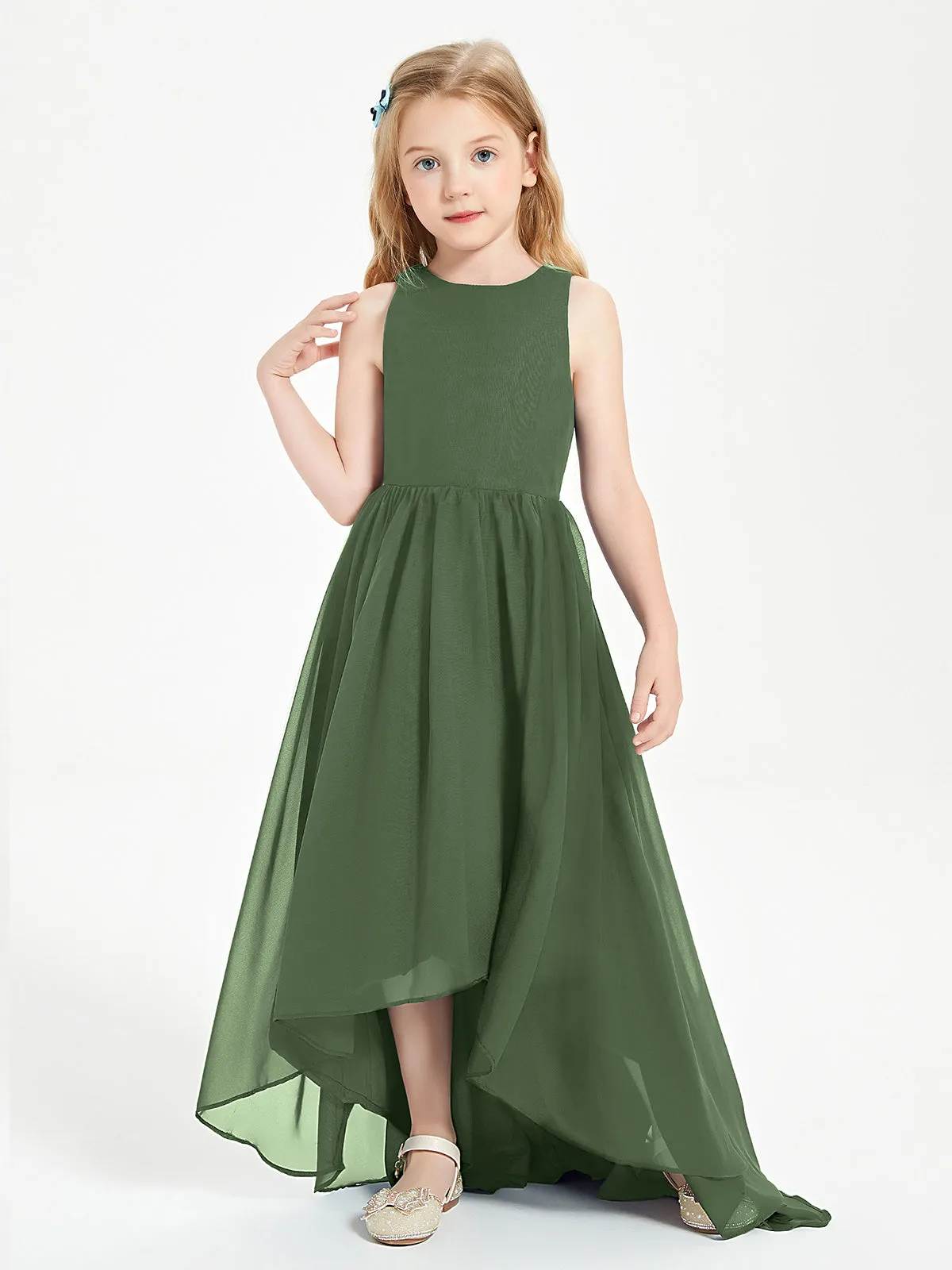 Exquisite Asymmetrical Junior Bridesmaid Dresses Scoop Neck Olive Green