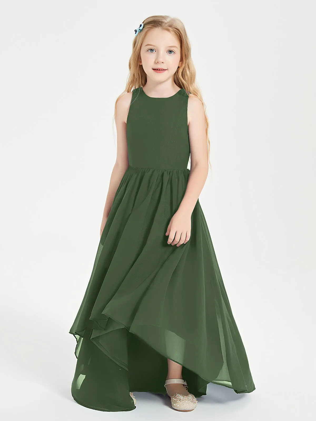 Exquisite Asymmetrical Junior Bridesmaid Dresses Scoop Neck Olive Green