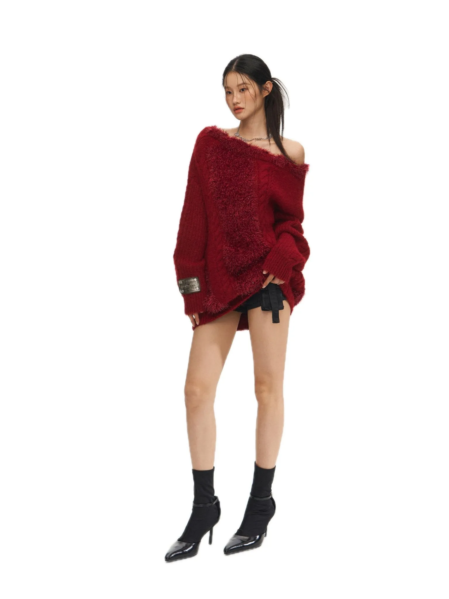 Feathered Yarn Off-shoulder Sweater In Red