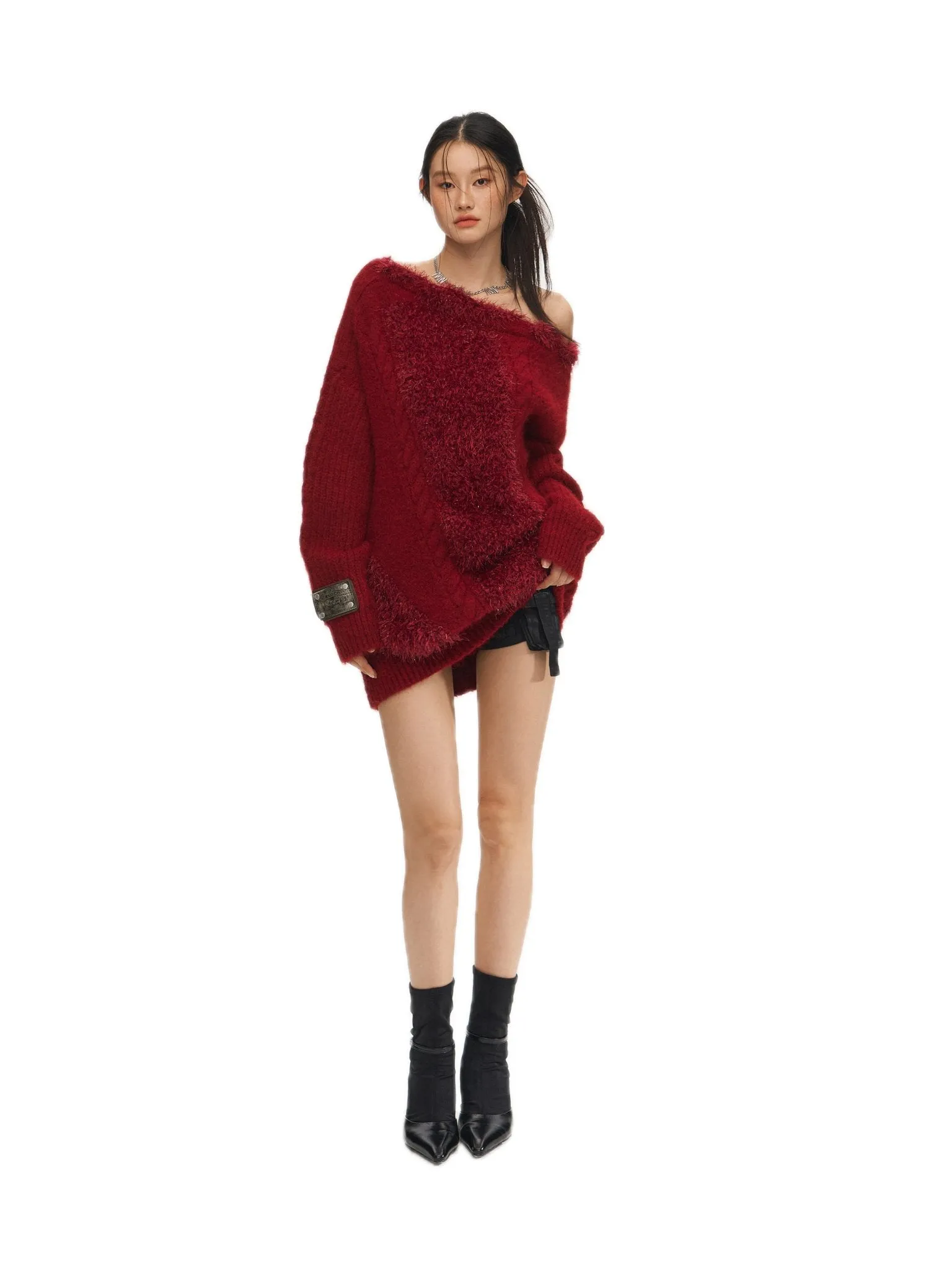 Feathered Yarn Off-shoulder Sweater In Red