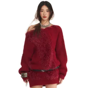 Feathered Yarn Off-shoulder Sweater In Red