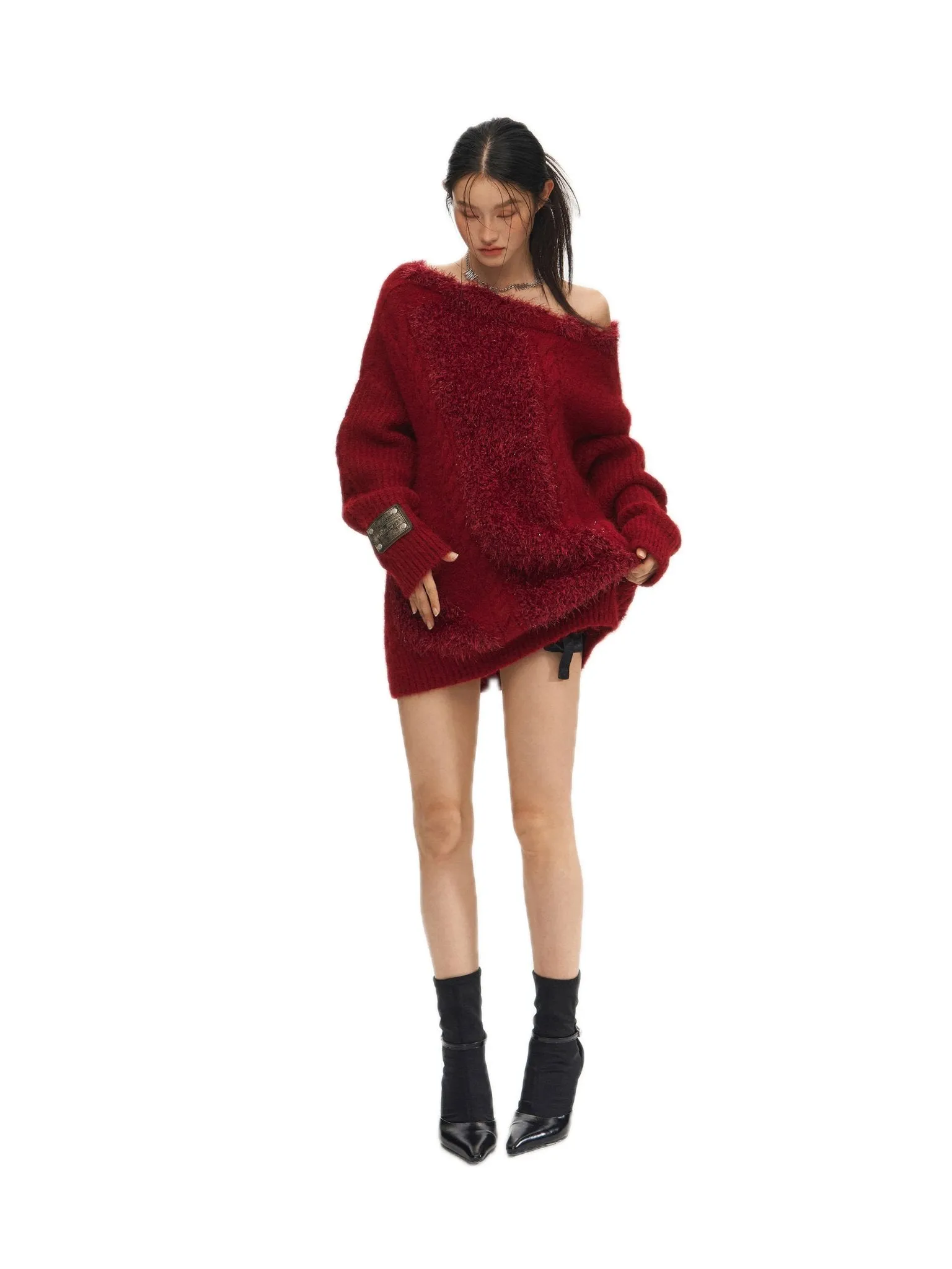 Feathered Yarn Off-shoulder Sweater In Red