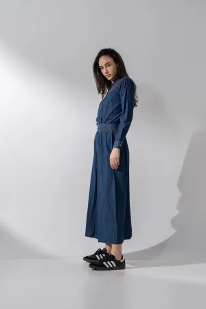 Gathered Waist Denim Skirt-Blue