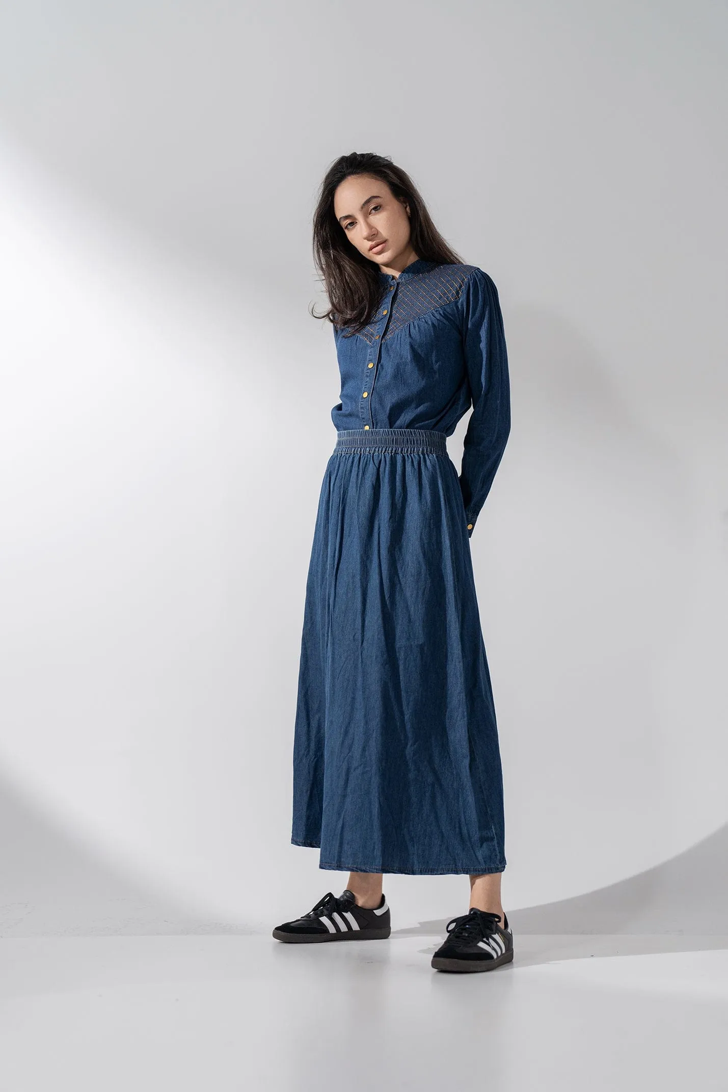 Gathered Waist Denim Skirt-Blue