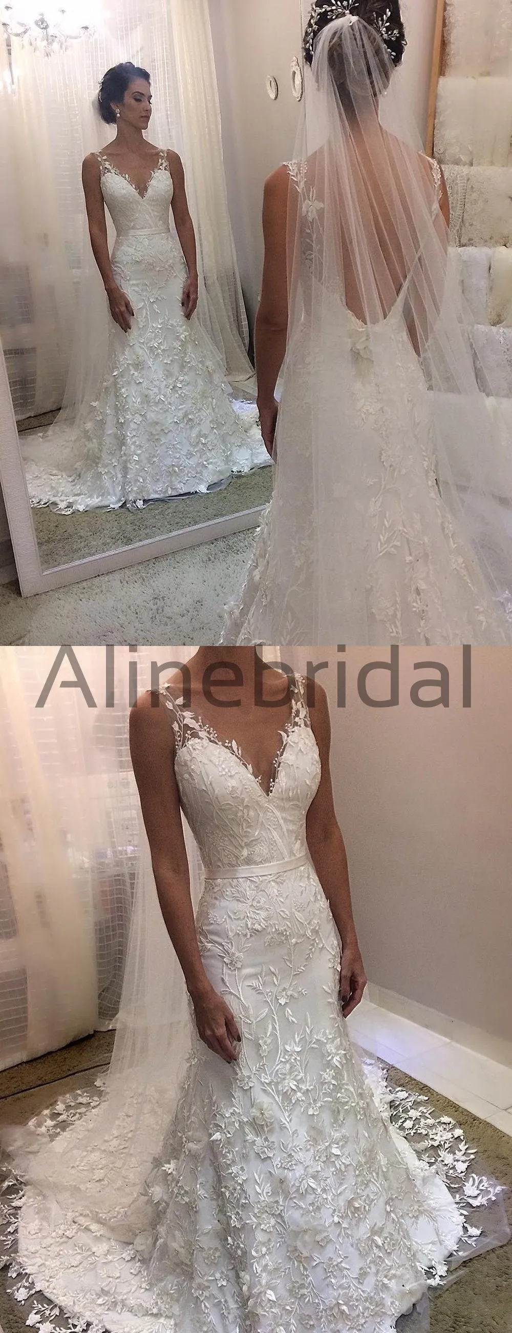 Ivory Lace Sheath Sleeveless Backless Charming Wedding Dresses, AB1502