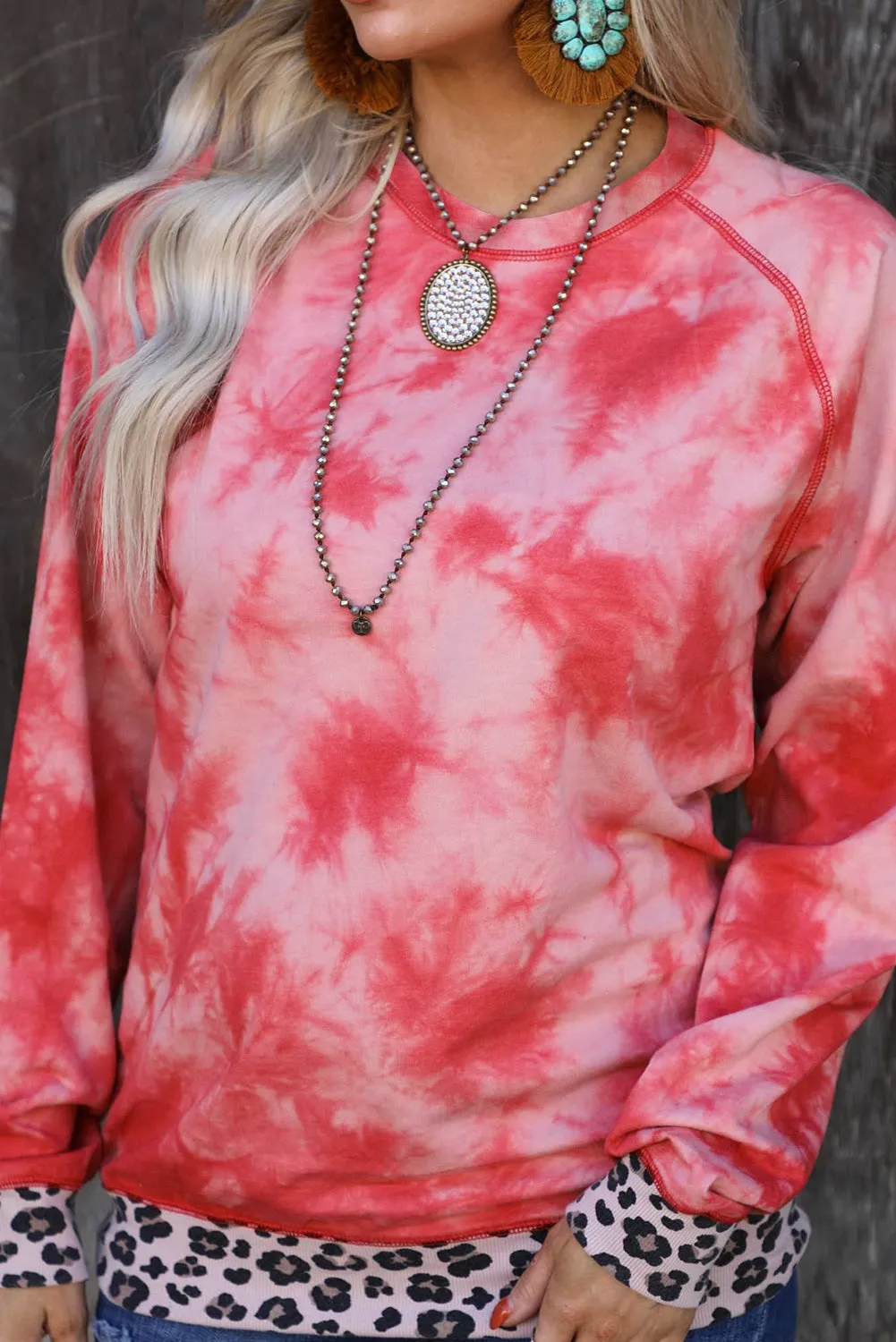 Leopard Patchwork Tie Dye Print Long Sleeve Sweatshirt