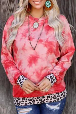 Leopard Patchwork Tie Dye Print Long Sleeve Sweatshirt