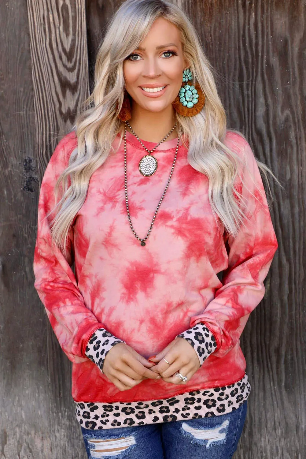 Leopard Patchwork Tie Dye Print Long Sleeve Sweatshirt