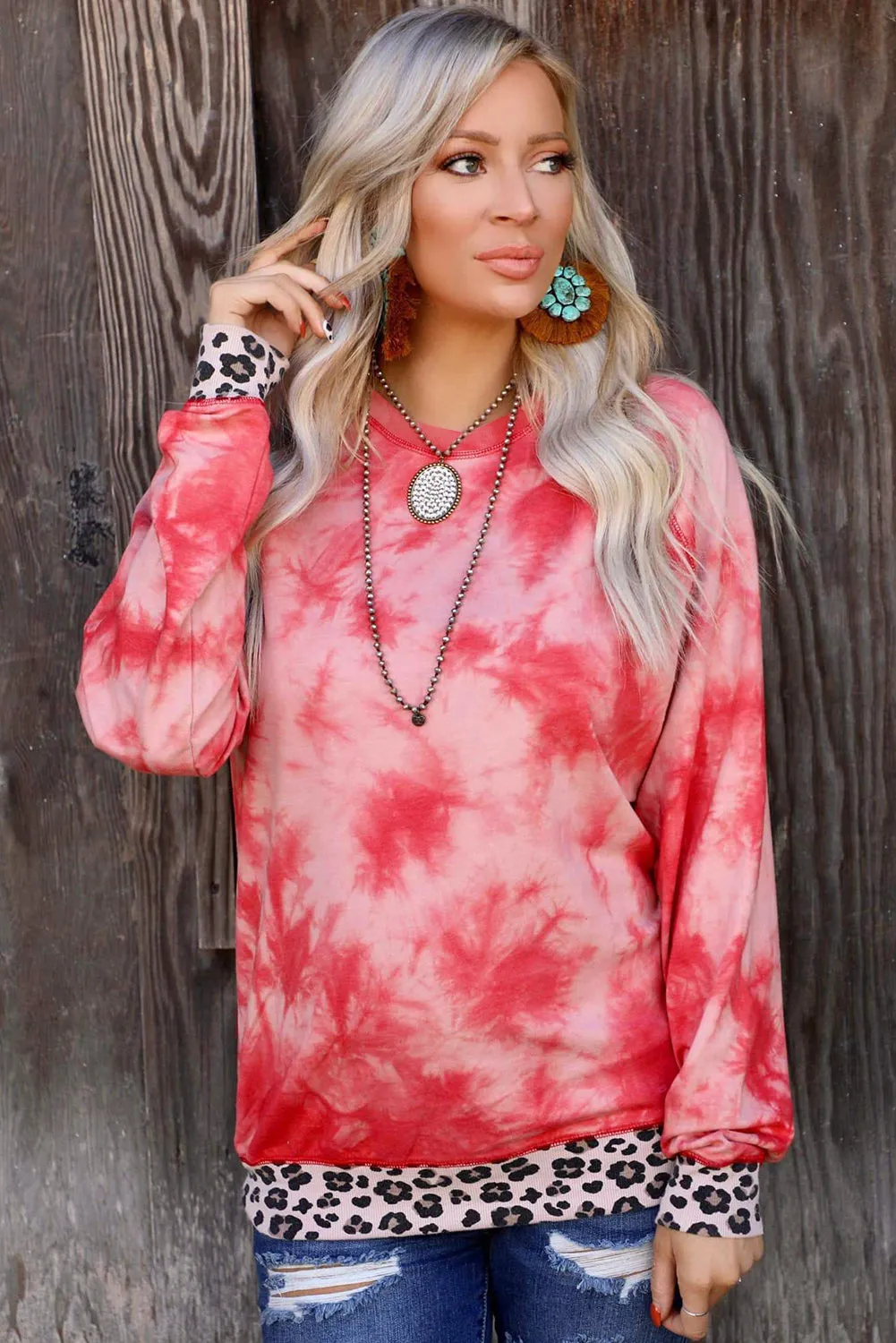 Leopard Patchwork Tie Dye Print Long Sleeve Sweatshirt