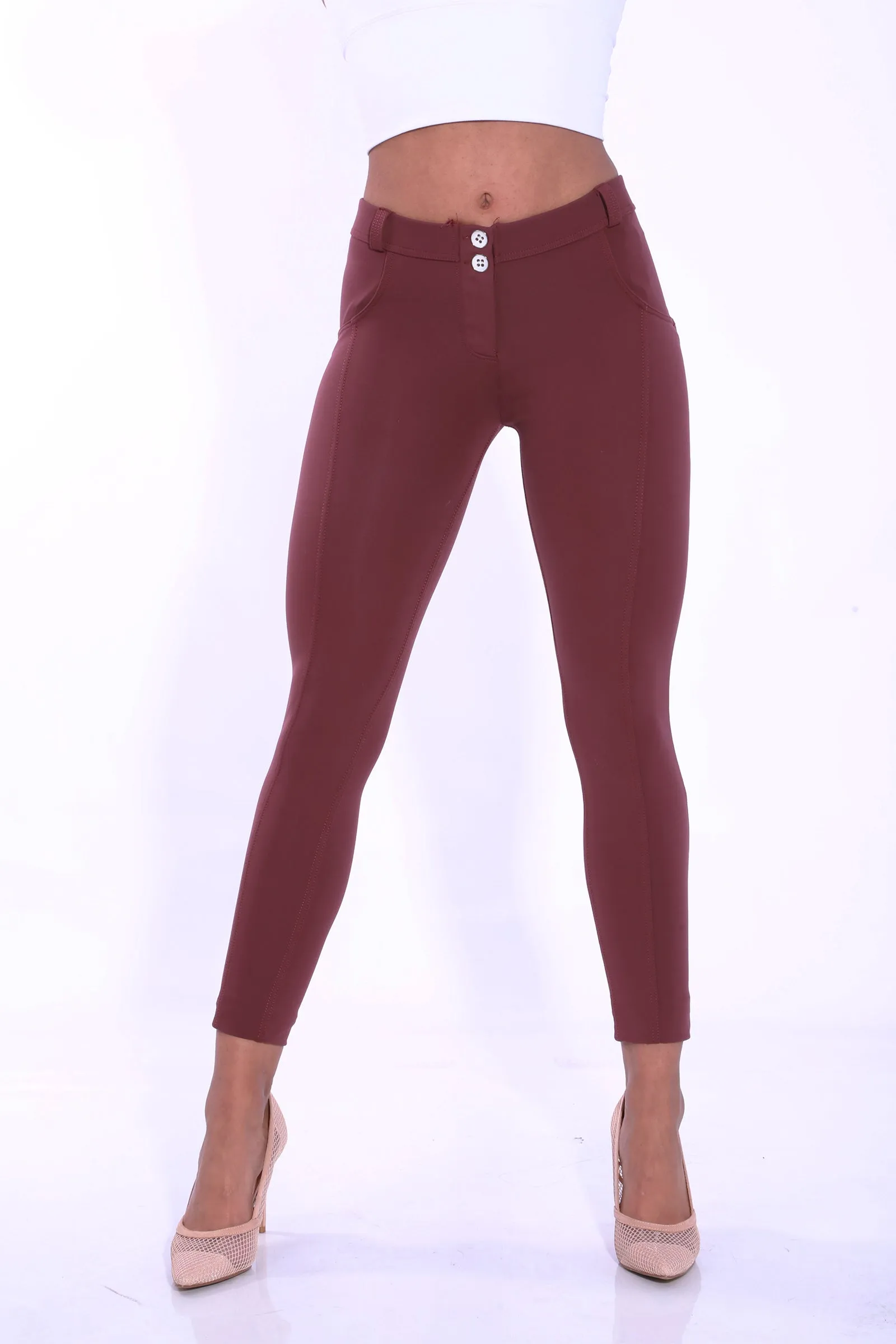 Low waist hipster Butt lifting shaping leggings -  Silky soft Spandex Maroon