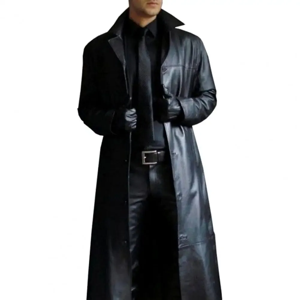 Men Faux Leather Jacket Stylish Trench Coat with Turn-down Collar Windproof Design Slim Fit