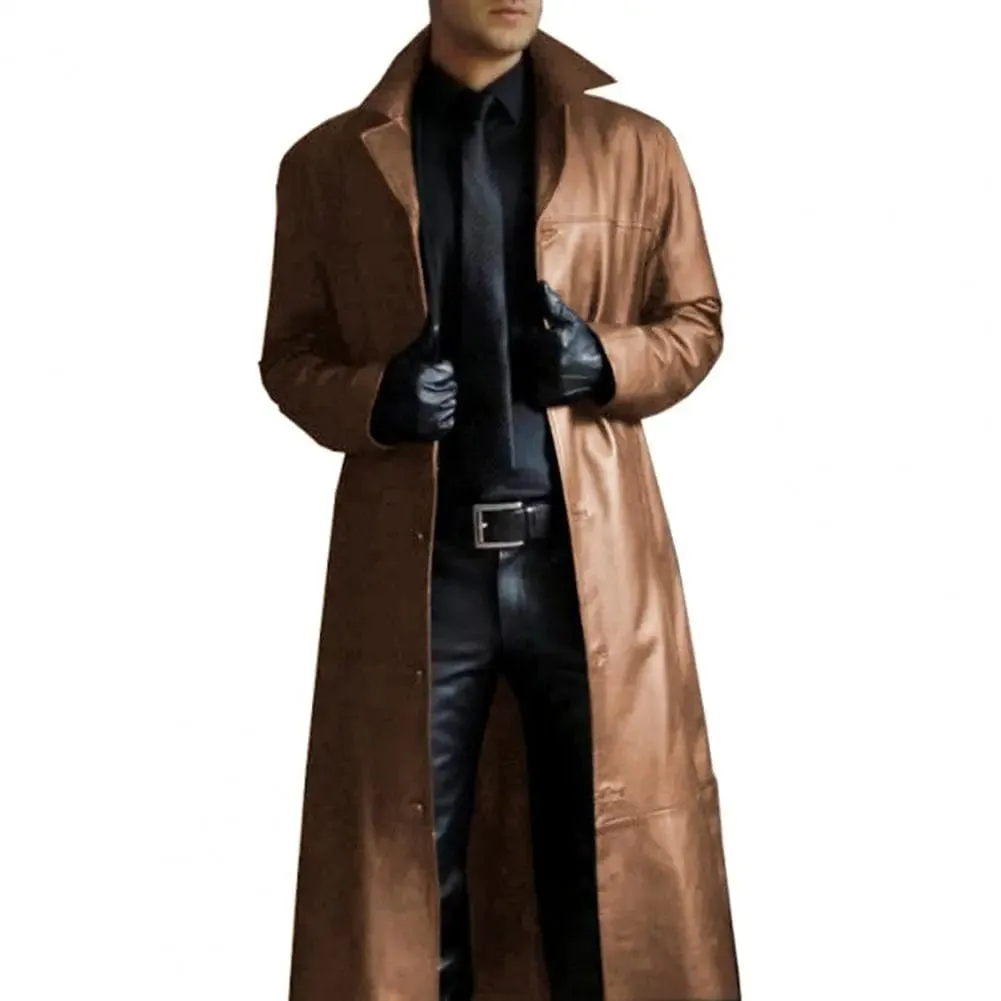 Men Faux Leather Jacket Stylish Trench Coat with Turn-down Collar Windproof Design Slim Fit