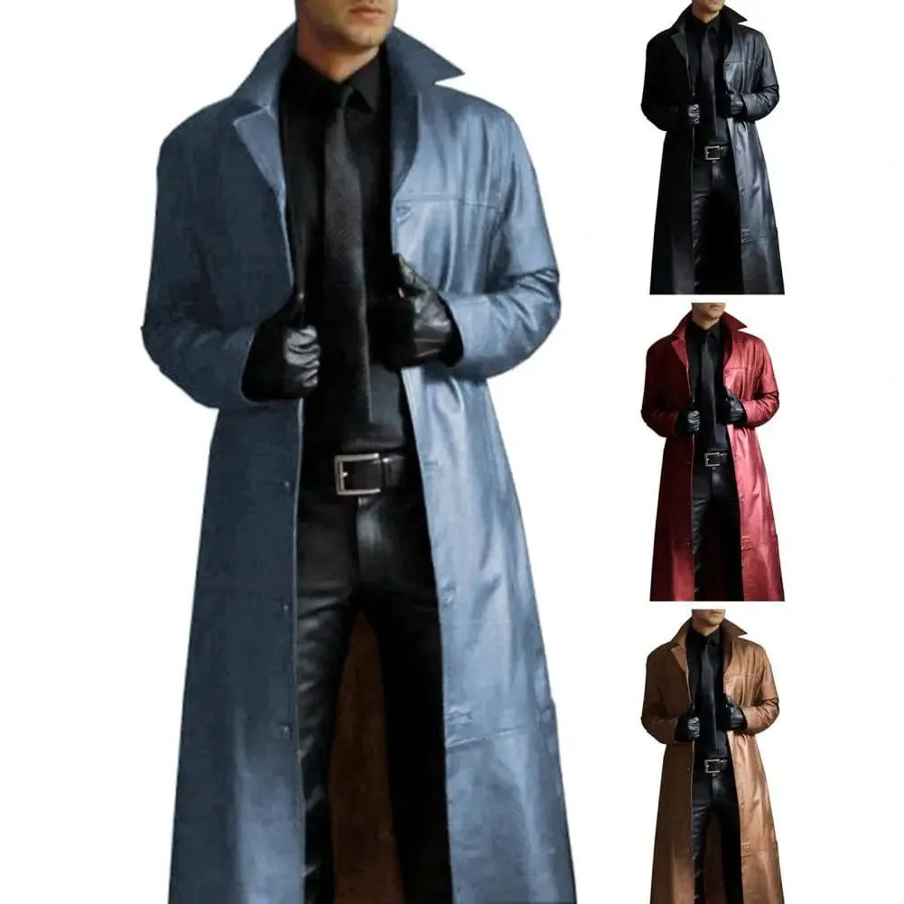 Men Faux Leather Jacket Stylish Trench Coat with Turn-down Collar Windproof Design Slim Fit