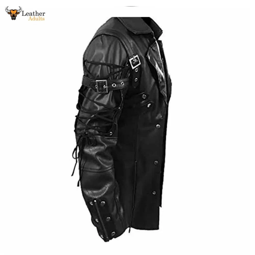 Mens REAL Black Leather Goth Matrix Trench Coat Steampunk Gothic T18 BLACK