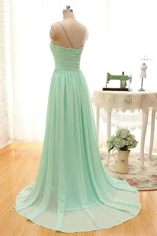 Mint Beaded Charming Backless Cheap Long Chiffon Prom Dress OK24