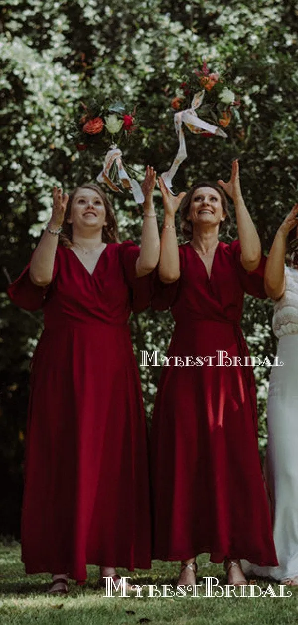 Mismatched Burgundy Chiffon Charming Cute Floor-Length Long Cheap Bridesmaid Dresses, TYP0103